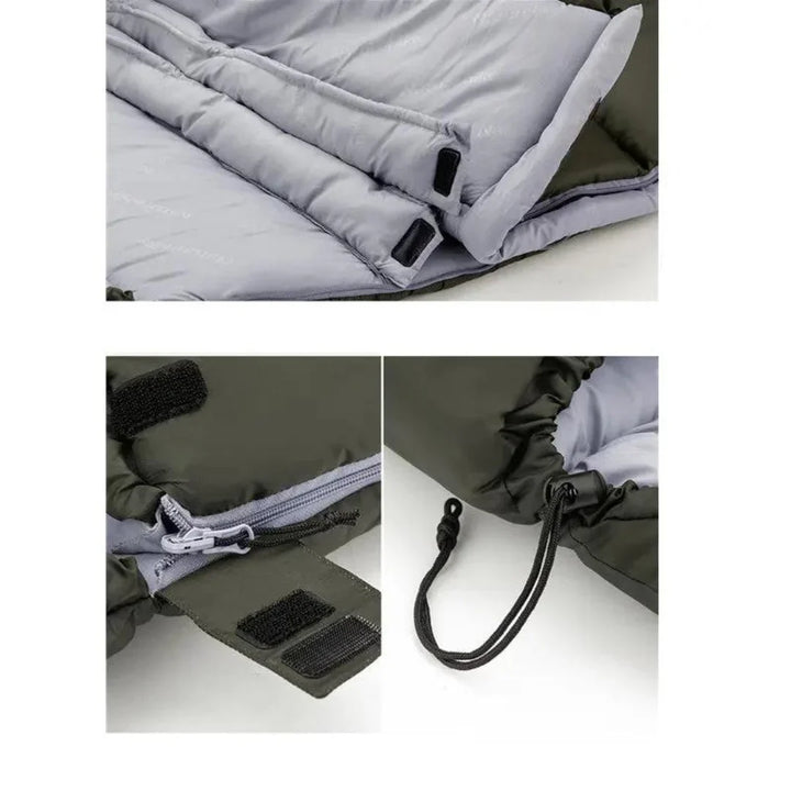 "Grüner ultraleichter Outdoor-Schlafsack, ergonomisches Design, optimal für kalte Nächte, isoliert und leicht tragbar."