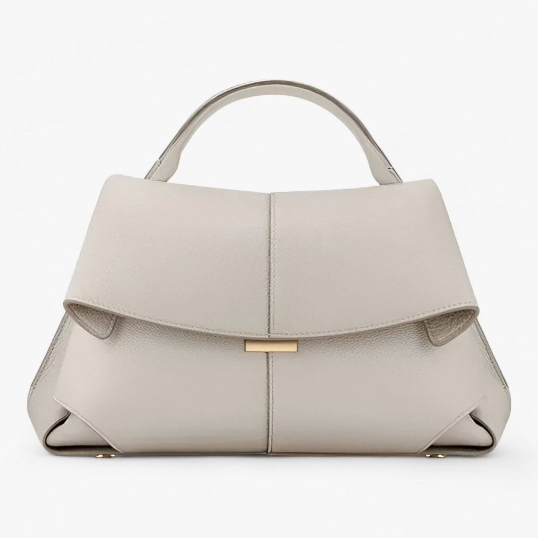 Beige Lederhandtasche mit Griff, elegantes Design, Damenmode, stilvolles Accessoire.