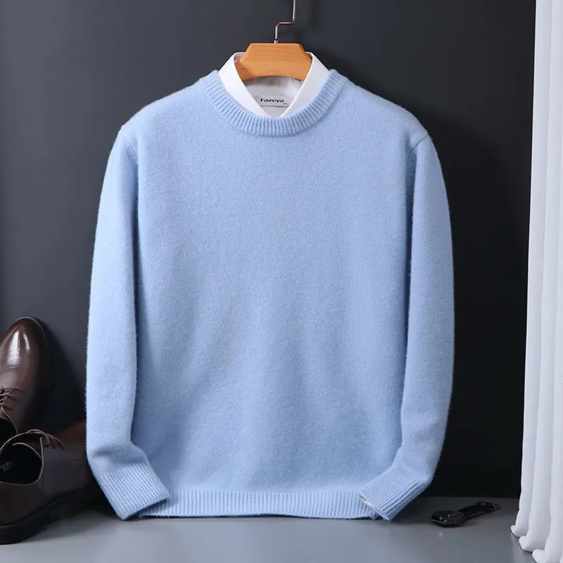 Hellblauer Herrenpullover aus Kaschmir, Rundhalsausschnitt, elegant, warm, modisch.
