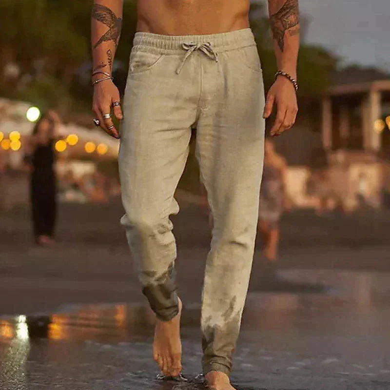 "Helle Leinenhose für Herren, lässiger Schnitt, atmungsaktiv, in verschiedenen Farben erhältlich, ideal für den Sommer."