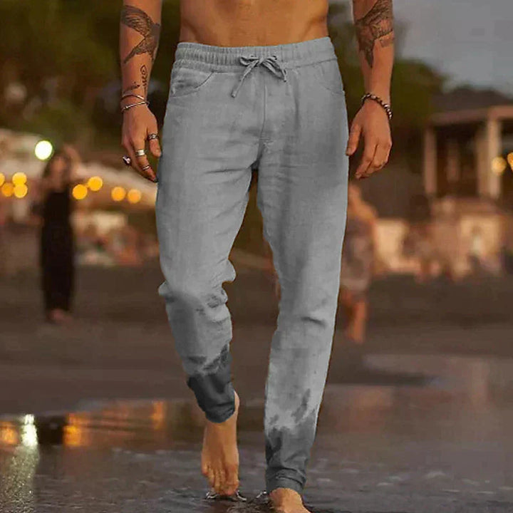 "Helle Leinenhose für Herren, lässiger Schnitt, atmungsaktiv, in verschiedenen Farben erhältlich, ideal für den Sommer."