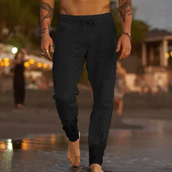 "Helle Leinenhose für Herren, lässiger Schnitt, atmungsaktiv, in verschiedenen Farben erhältlich, ideal für den Sommer."