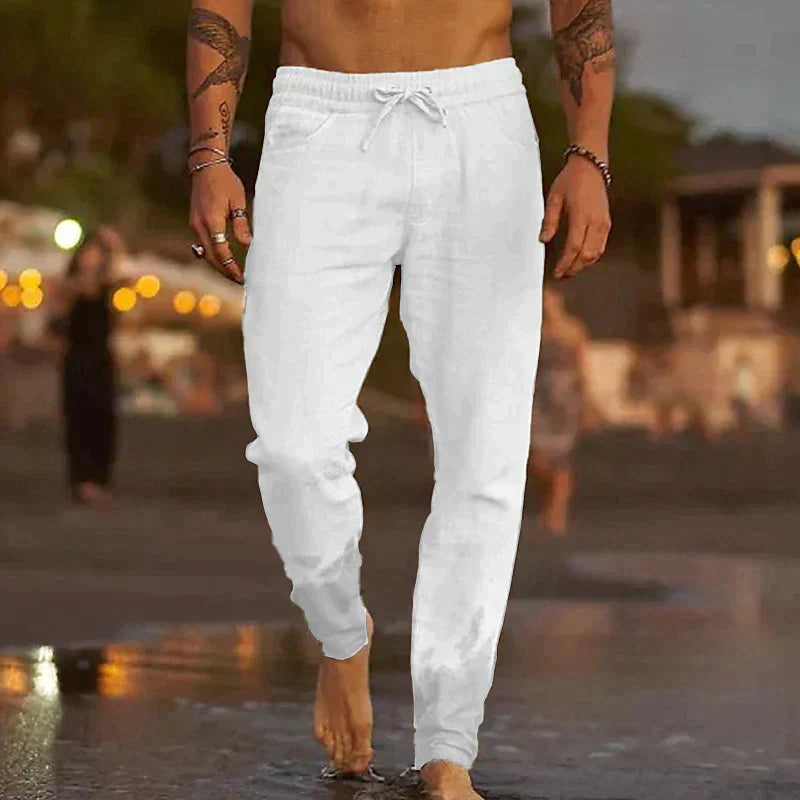 "Helle Leinenhose für Herren, lässiger Schnitt, atmungsaktiv, in verschiedenen Farben erhältlich, ideal für den Sommer."