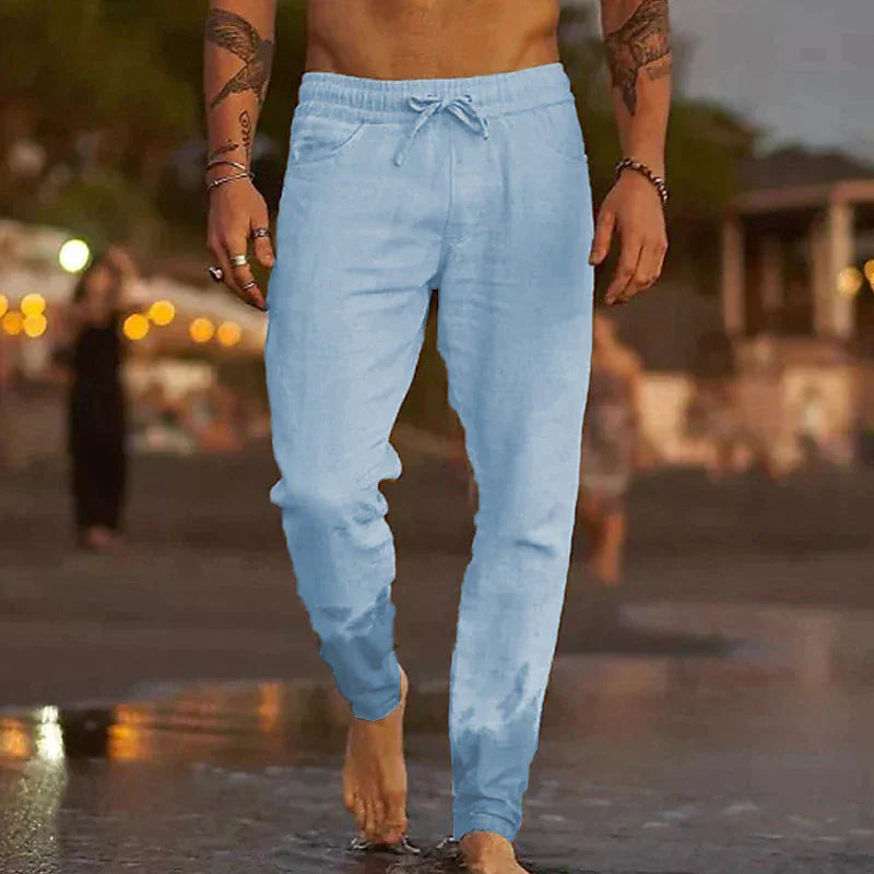 "Helle Leinenhose für Herren, lässiger Schnitt, atmungsaktiv, in verschiedenen Farben erhältlich, ideal für den Sommer."