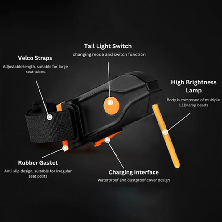 "Helles LED-Fahrradrücklicht mit 40 Lumen, sorgt für hohe Sichtbarkeit und stilvolles Design bei Tag und Nacht."