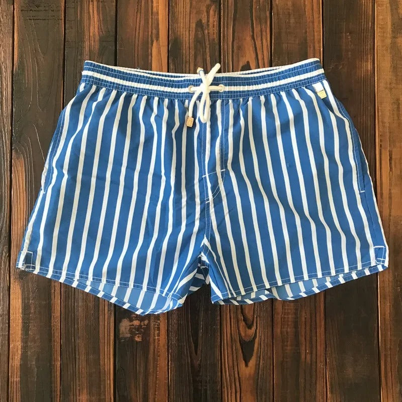 "Herren Badeshorts mit Streifenmuster, elastischer Bund, blau-weiß, ideal für Strand und Pool"