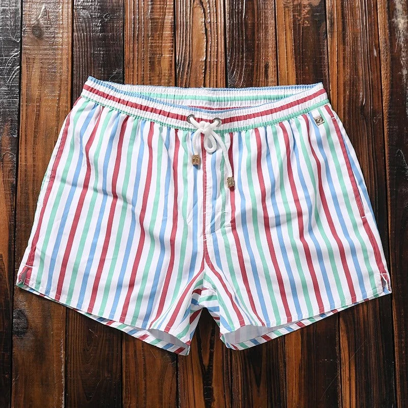 "Herren Badeshorts mit Streifenmuster, elastischer Bund, blau-weiß, ideal für Strand und Pool"