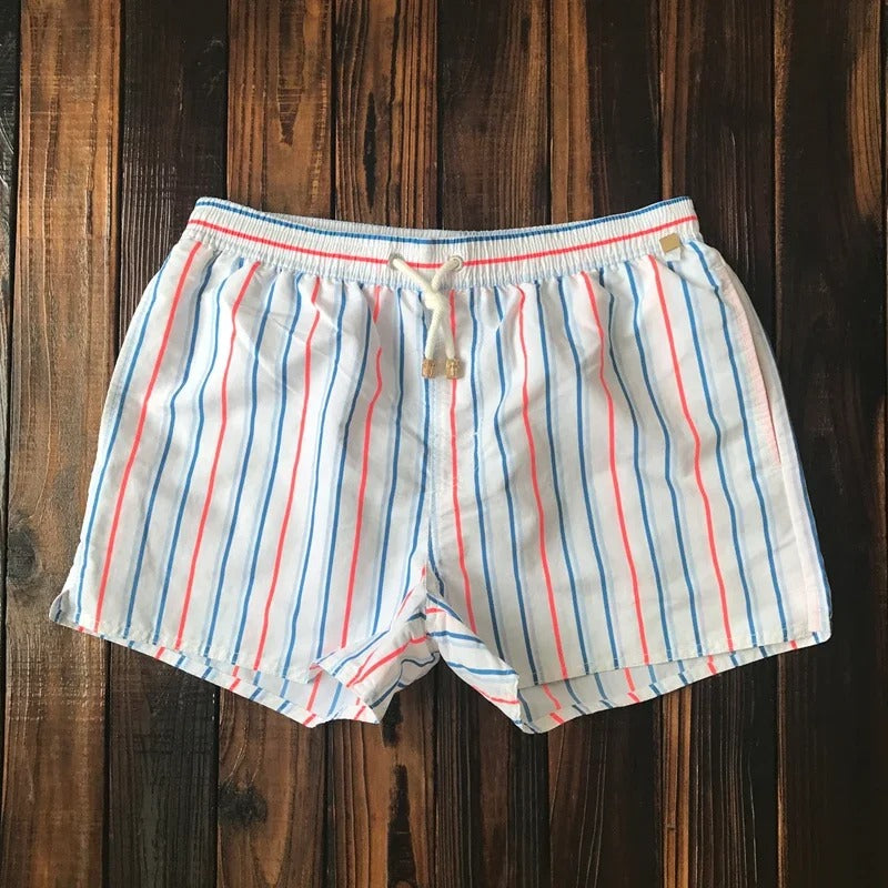 "Herren Badeshorts mit Streifenmuster, elastischer Bund, blau-weiß, ideal für Strand und Pool"