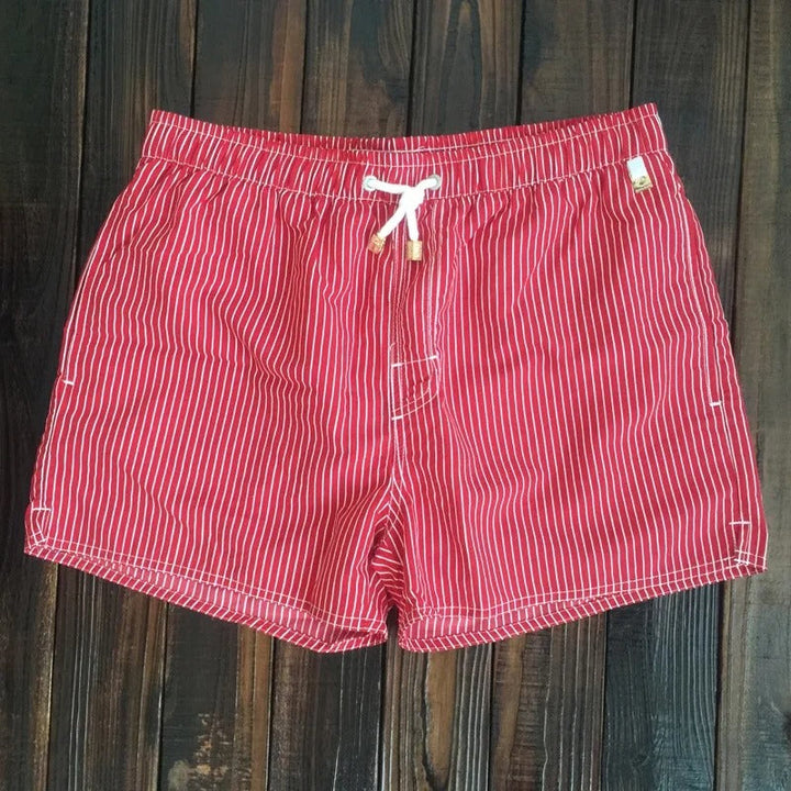 "Herren Badeshorts mit Streifenmuster, elastischer Bund, blau-weiß, ideal für Strand und Pool"