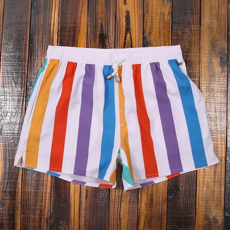 "Herren Badeshorts mit Streifenmuster, elastischer Bund, blau-weiß, ideal für Strand und Pool"