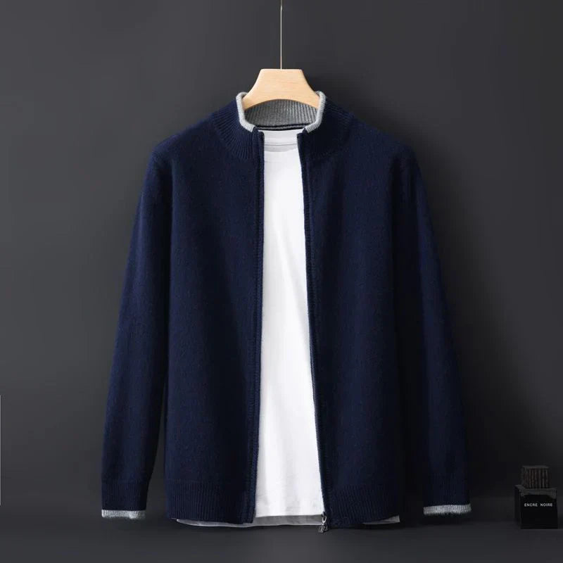 Herren Cashmere Zip Jacke in elegantem Stil, aus weichem Cashmere, mit praktischem Reißverschluss, ideal für Herbst.