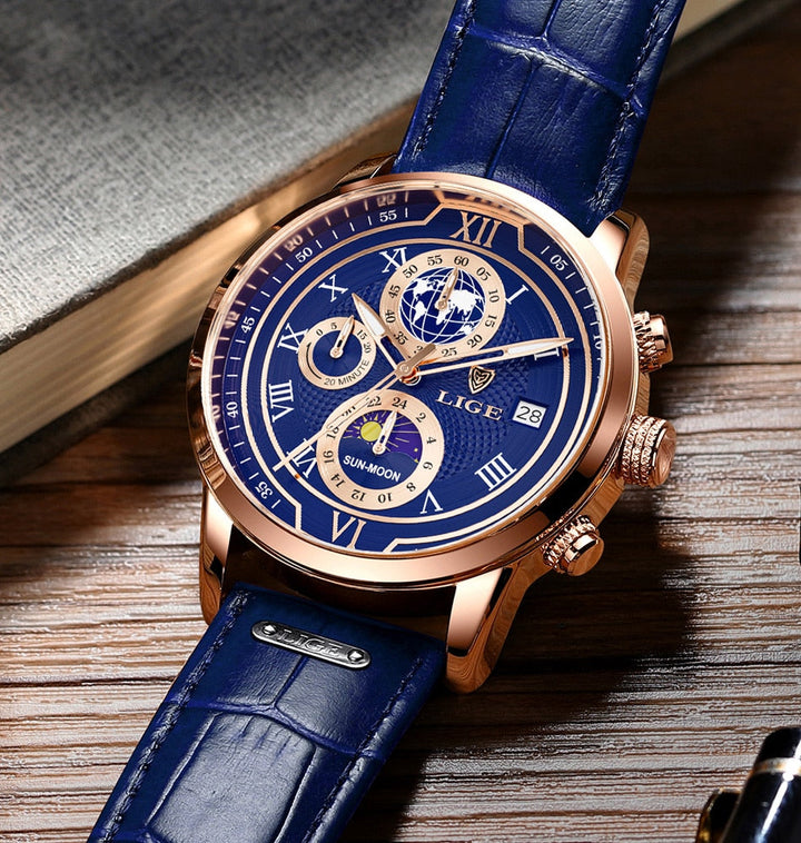 Herren Chronograph Armbanduhr mit Lederarmband, elegantes Design, präzises Chronographenwerk, ideal für stilbewusste Männer.