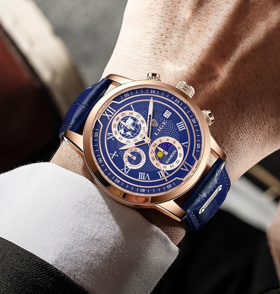 Herren Chronograph Armbanduhr mit Lederarmband, elegantes Design, präzises Chronographenwerk, ideal für stilbewusste Männer.