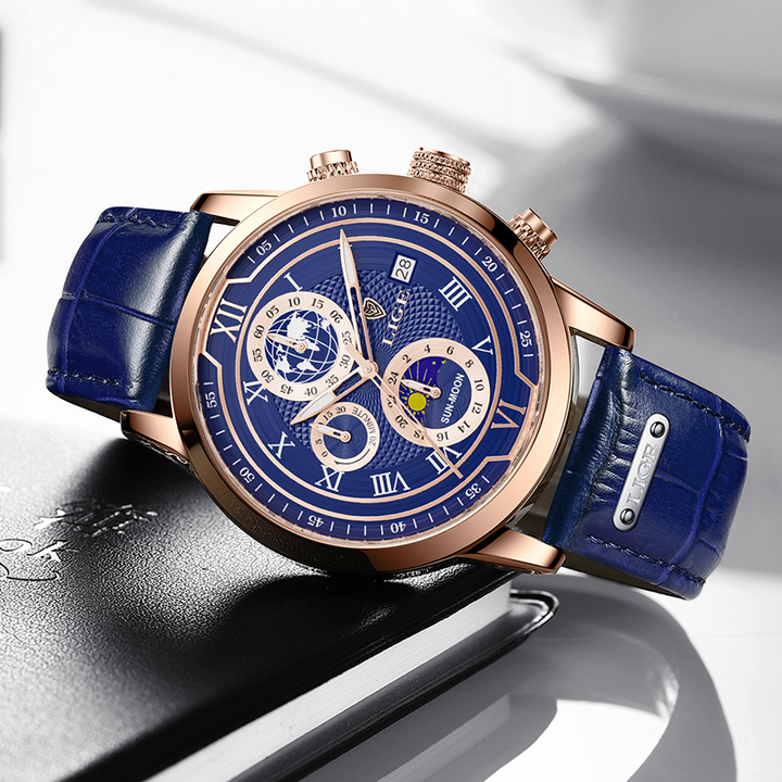 Herren Chronograph Armbanduhr mit Lederarmband, elegantes Design, präzises Chronographenwerk, ideal für stilbewusste Männer.