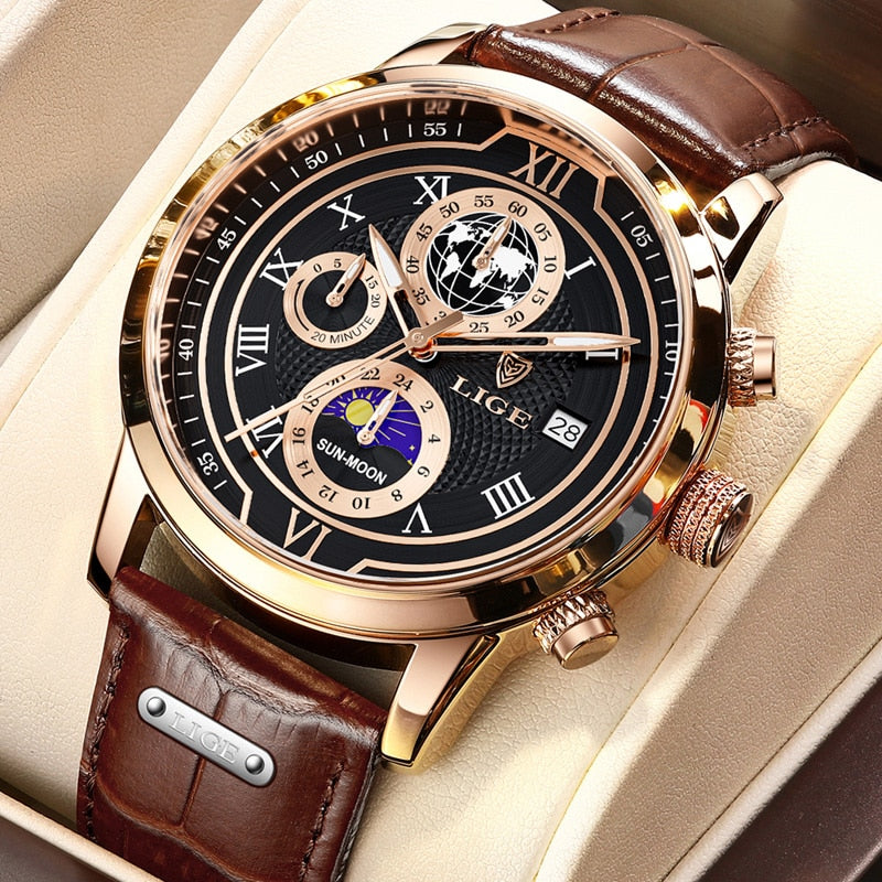 Herren Chronograph Armbanduhr mit Lederarmband, elegantes Design, präzises Chronographenwerk, ideal für stilbewusste Männer.