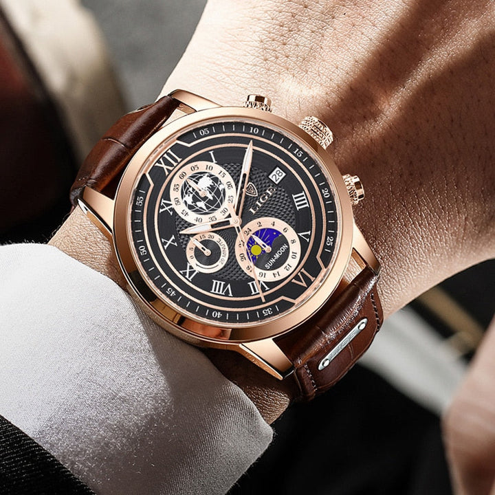 Herren Chronograph Armbanduhr mit Lederarmband, elegantes Design, präzises Chronographenwerk, ideal für stilbewusste Männer.