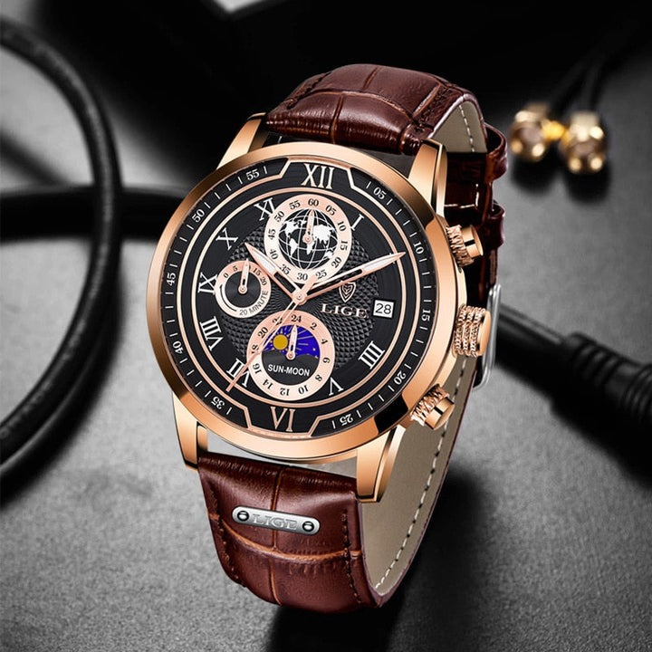Herren Chronograph Armbanduhr mit Lederarmband, elegantes Design, präzises Chronographenwerk, ideal für stilbewusste Männer.