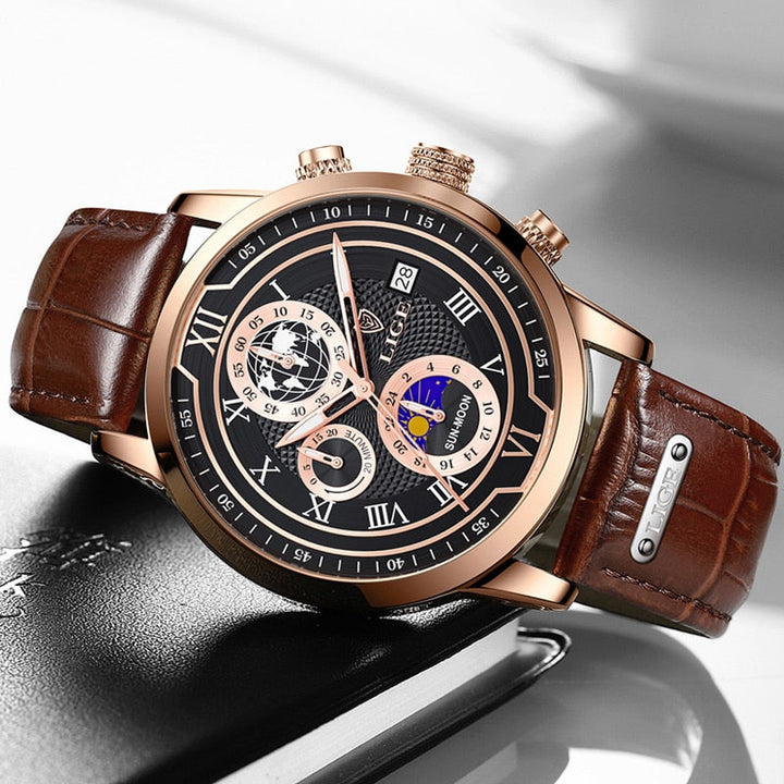 Herren Chronograph Armbanduhr mit Lederarmband, elegantes Design, präzises Chronographenwerk, ideal für stilbewusste Männer.