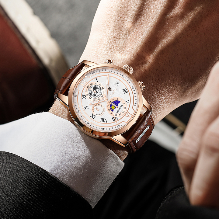 Herren Chronograph Armbanduhr mit Lederarmband, elegantes Design, präzises Chronographenwerk, ideal für stilbewusste Männer.