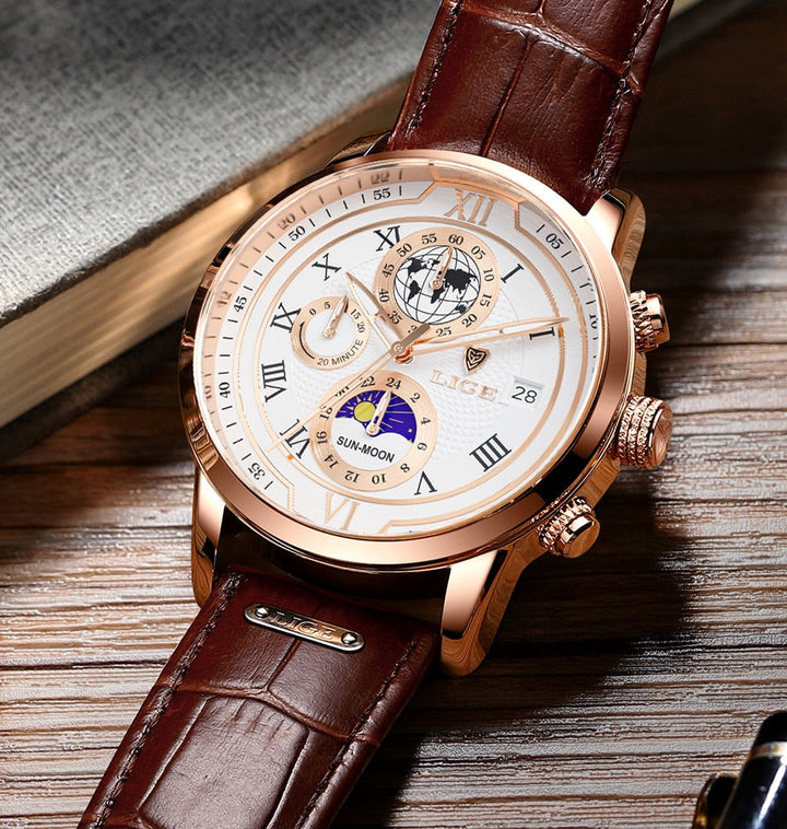 Herren Chronograph Armbanduhr mit Lederarmband, elegantes Design, präzises Chronographenwerk, ideal für stilbewusste Männer.