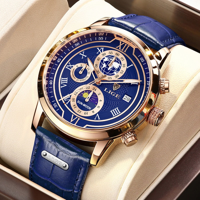 Herren Chronograph Armbanduhr mit Lederarmband, elegantes Design, präzises Chronographenwerk, ideal für stilbewusste Männer.