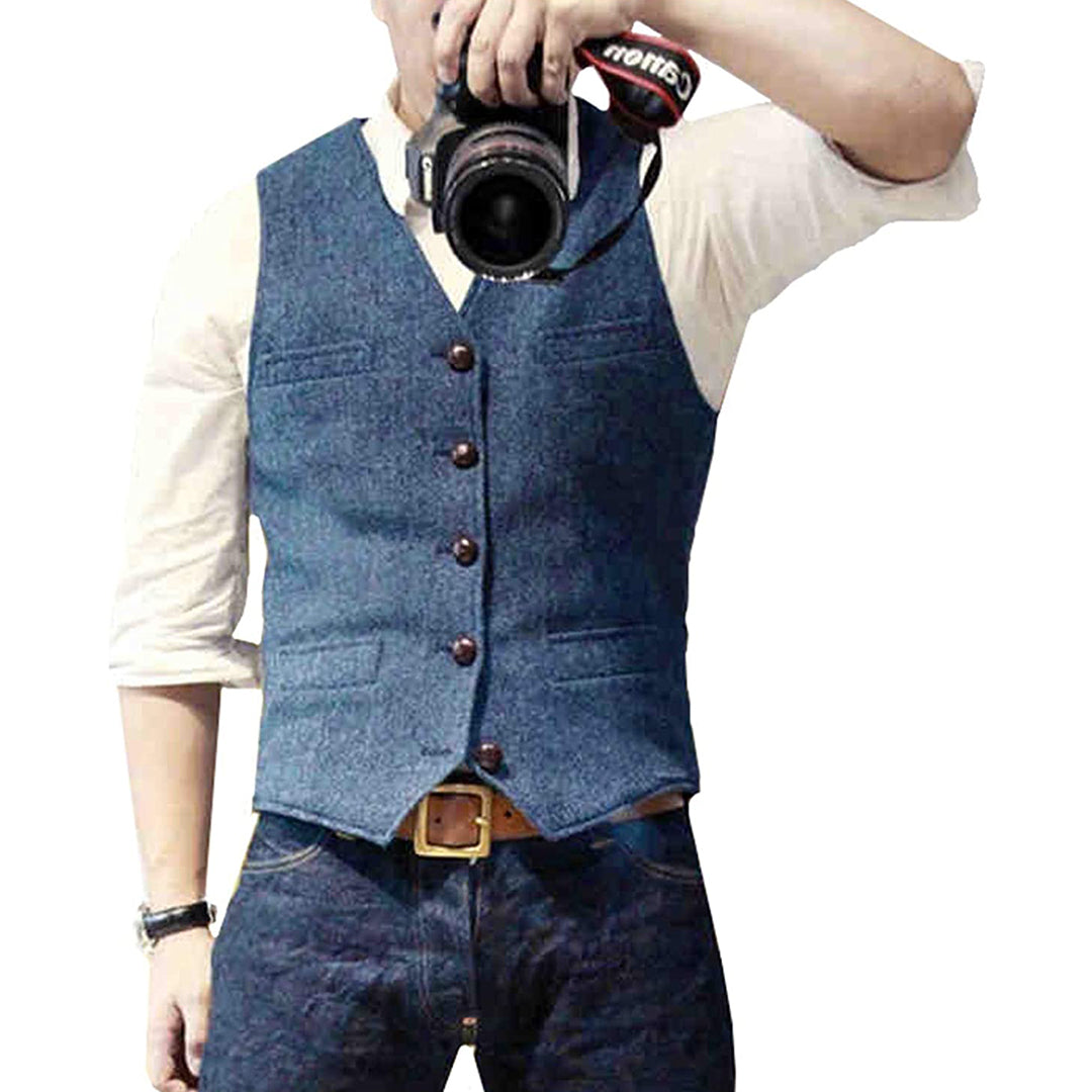 "Herren Denim-Weste vorne, jeansblau, elegante und flexible Passform mit Knöpfen, ideal für casual oder formalen Stil."