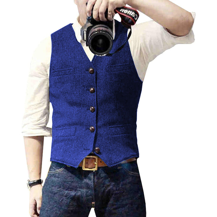 "Herren Denim-Weste vorne, jeansblau, elegante und flexible Passform mit Knöpfen, ideal für casual oder formalen Stil."