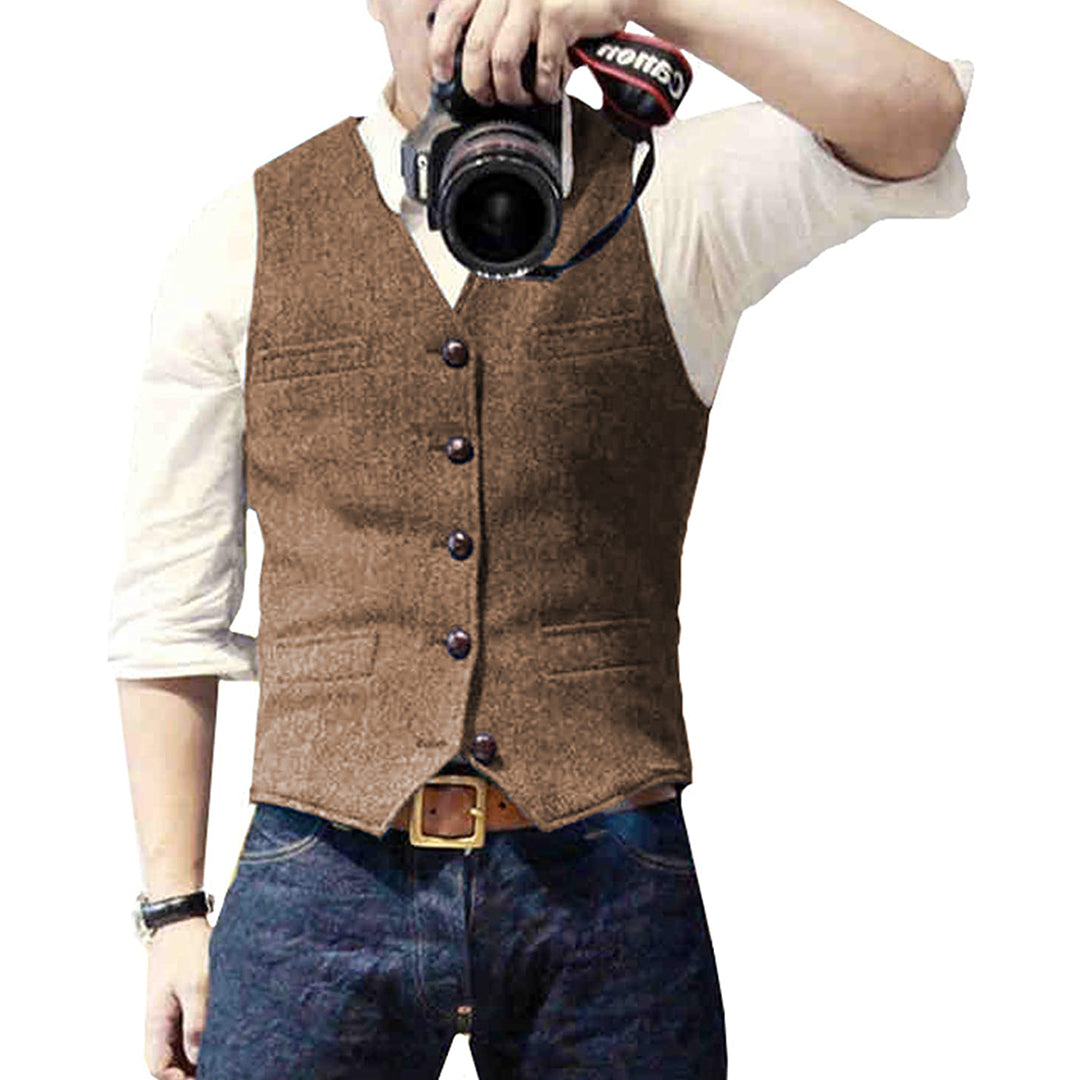"Herren Denim-Weste vorne, jeansblau, elegante und flexible Passform mit Knöpfen, ideal für casual oder formalen Stil."