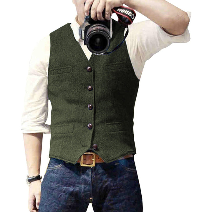 "Herren Denim-Weste vorne, jeansblau, elegante und flexible Passform mit Knöpfen, ideal für casual oder formalen Stil."