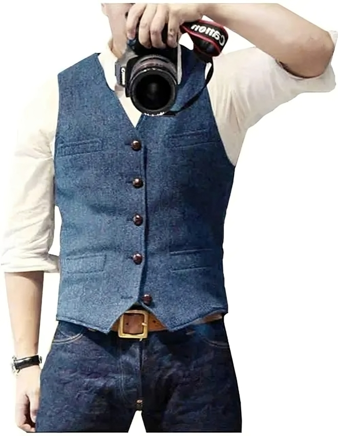 "Herren-Denimweste mit V-Ausschnitt, maßgeschneidert, elegante Passform, vielseitig, ideal für casual und formelle Anlässe."