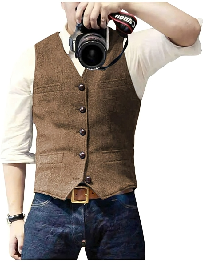 "Herren-Denimweste mit V-Ausschnitt, maßgeschneidert, elegante Passform, vielseitig, ideal für casual und formelle Anlässe."