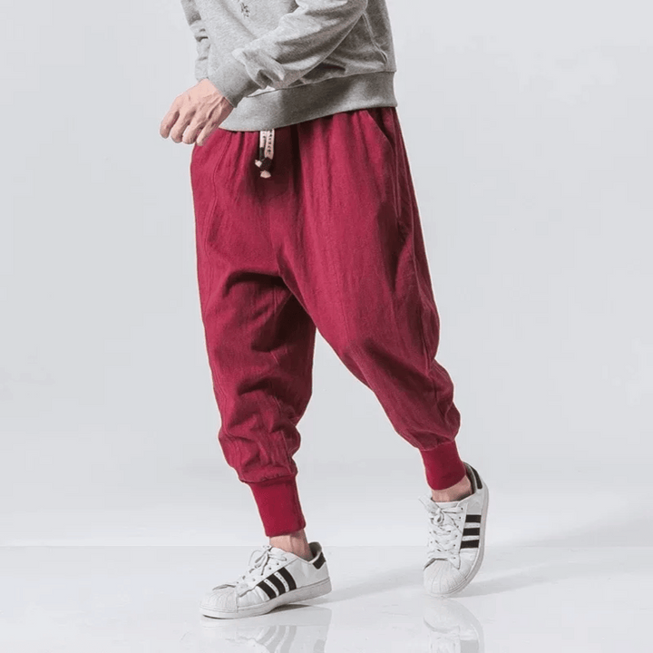 "Herren Japan-Stil Hosen aus Baumwollmischung, lockere Passform, fließende Silhouette, für stilvollen Komfort und Flexibilitä
