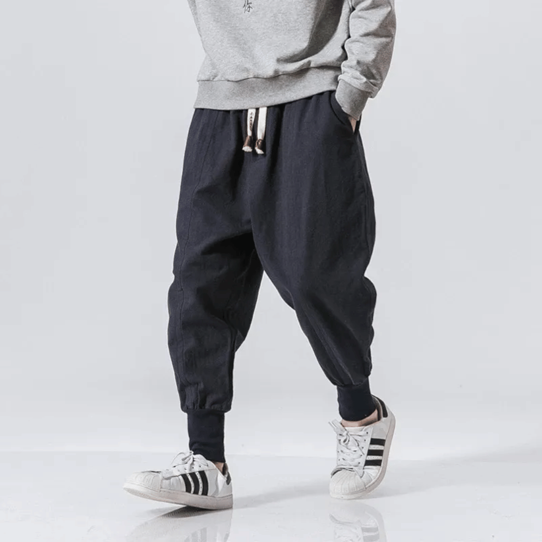 "Herren Japan-Stil Hosen aus Baumwollmischung, lockere Passform, fließende Silhouette, für stilvollen Komfort und Flexibilitä