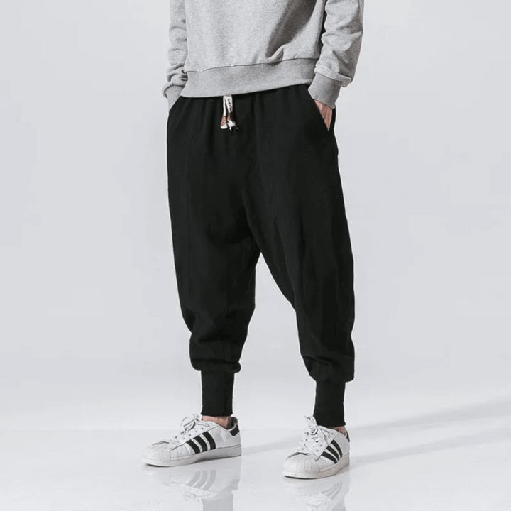 "Herren Japan-Stil Hosen aus Baumwollmischung, lockere Passform, fließende Silhouette, für stilvollen Komfort und Flexibilitä
