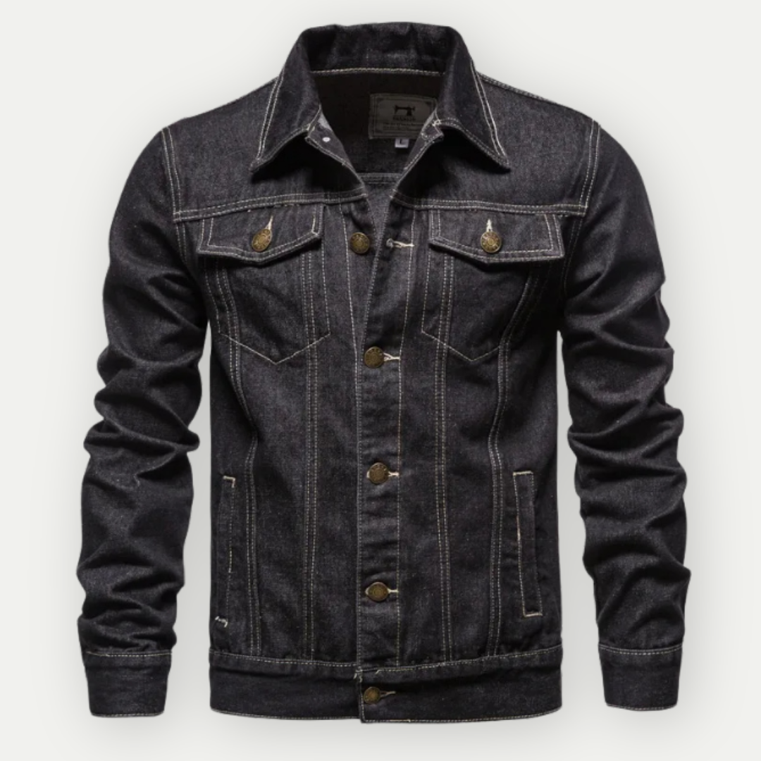 "Herren Jeans-Trucker-Jacke aus robustem Denim, klassischer Schnitt, blaue Farbe, verstellbare Details für Komfort."