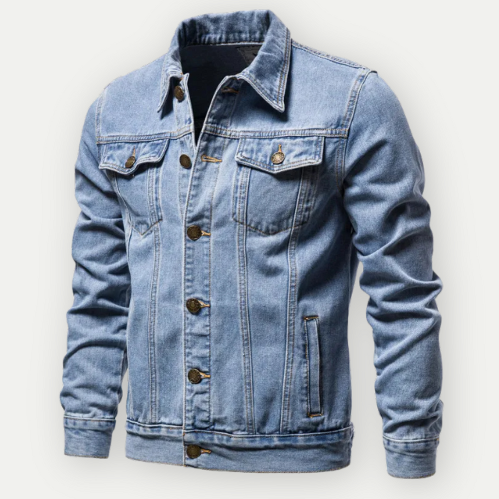 "Herren Jeans-Trucker-Jacke aus robustem Denim, klassischer Schnitt, blaue Farbe, verstellbare Details für Komfort."