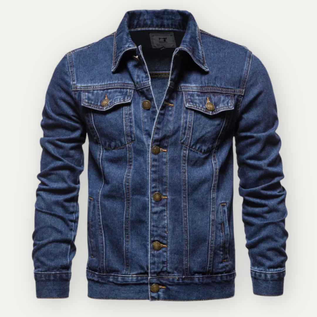 "Herren Jeans-Trucker-Jacke aus robustem Denim, klassischer Schnitt, blaue Farbe, verstellbare Details für Komfort."