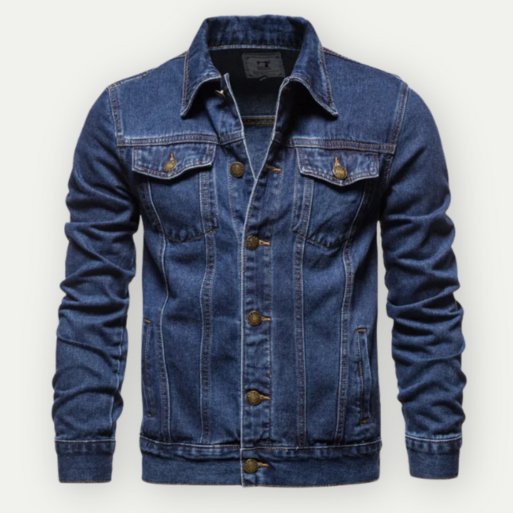 "Herren Jeans-Trucker-Jacke aus robustem Denim, klassischer Schnitt, blaue Farbe, verstellbare Details für Komfort."