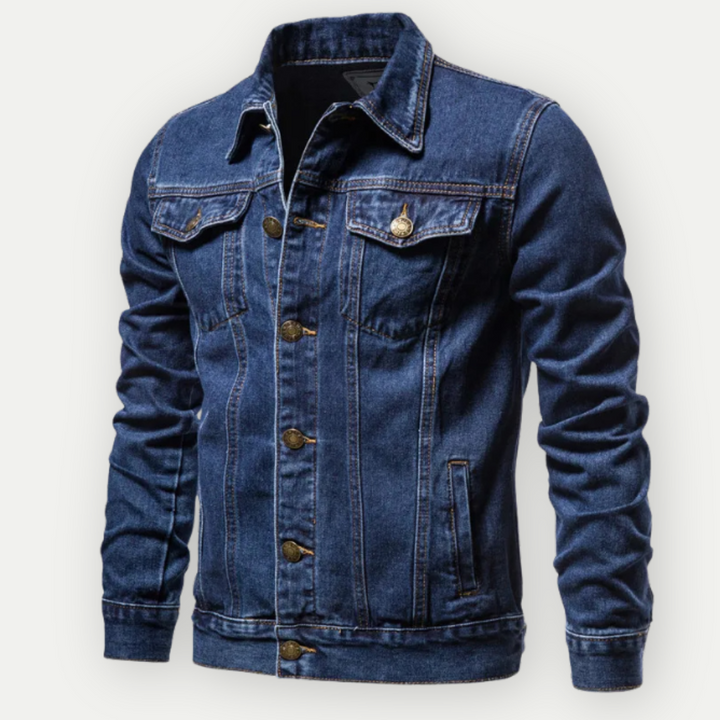 "Herren Jeans-Trucker-Jacke aus robustem Denim, klassischer Schnitt, blaue Farbe, verstellbare Details für Komfort."