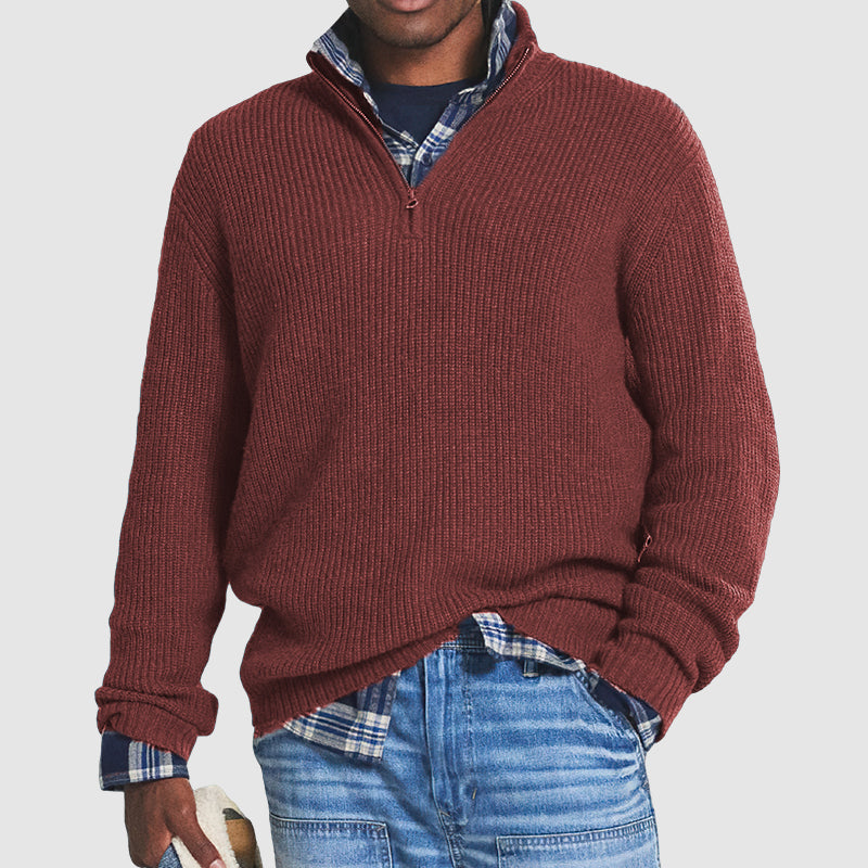 "Herren Kaschmir-Pullover mit Reißverschluss, weich, elegant, Business-Casual-Stil, grau, gemütlich für Büro und Freizeit."