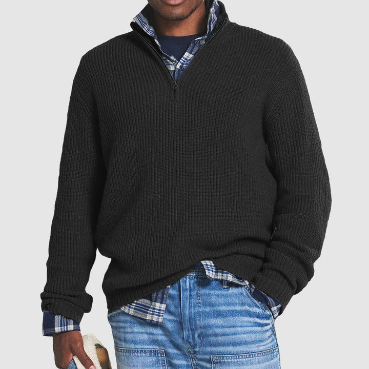 "Herren Kaschmir-Pullover mit Reißverschluss, weich, elegant, Business-Casual-Stil, grau, gemütlich für Büro und Freizeit."