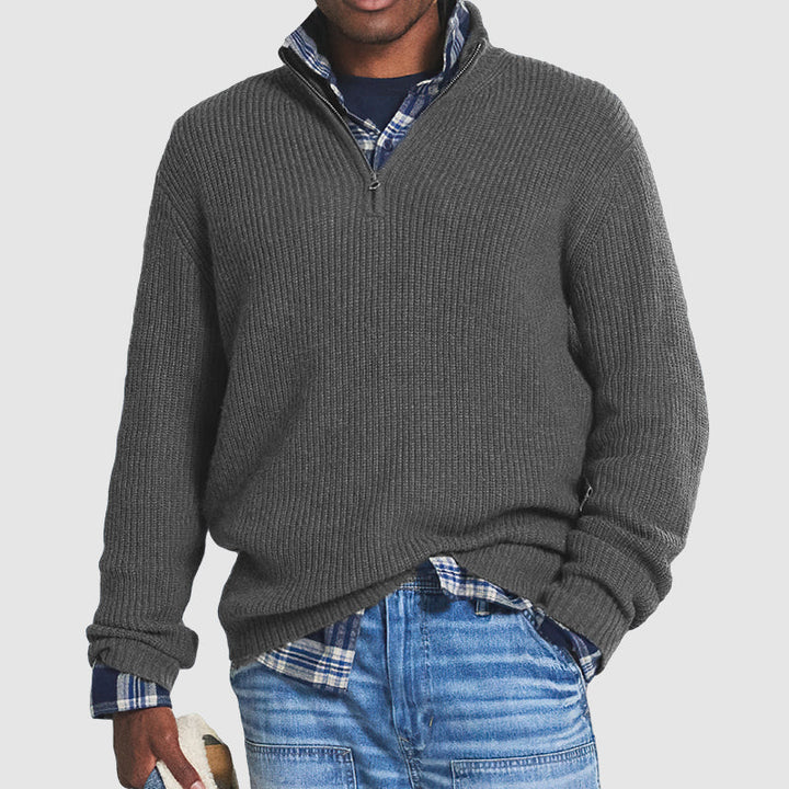 "Herren Kaschmir-Pullover mit Reißverschluss, weich, elegant, Business-Casual-Stil, grau, gemütlich für Büro und Freizeit."