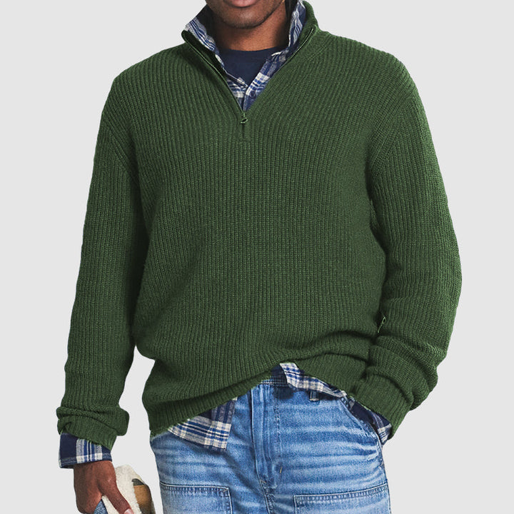 "Herren Kaschmir-Pullover mit Reißverschluss, weich, elegant, Business-Casual-Stil, grau, gemütlich für Büro und Freizeit."