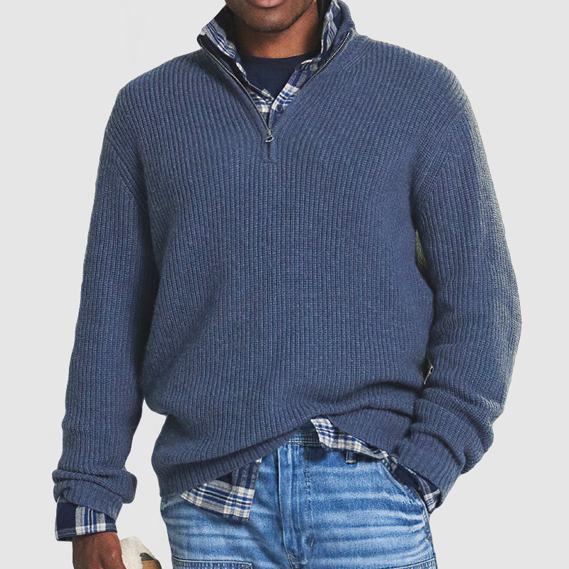 "Herren Kaschmir-Pullover mit Reißverschluss, weich, elegant, Business-Casual-Stil, grau, gemütlich für Büro und Freizeit."