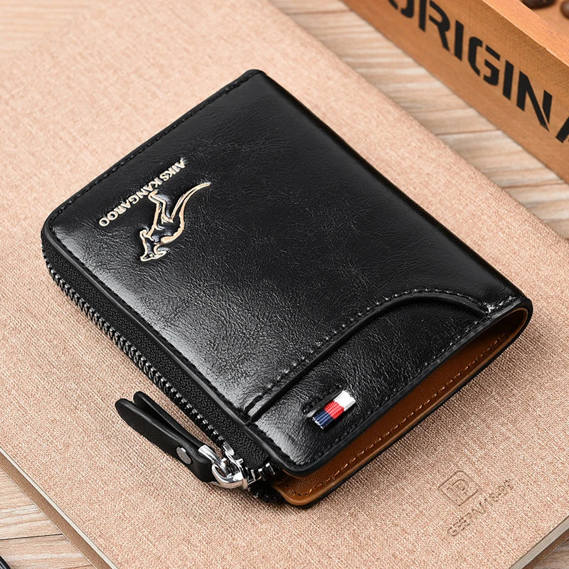 "Herren-Leder Geldbörse mit RFID-Schutz, elegantes Design in Schwarz, kompakte Größe, sicherer Reißverschluss, echtes Leder"