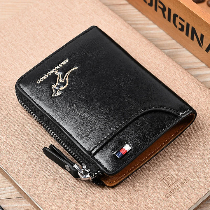 "Herren-Leder Geldbörse mit RFID-Schutz, elegantes Design in Schwarz, kompakte Größe, sicherer Reißverschluss, echtes Leder"