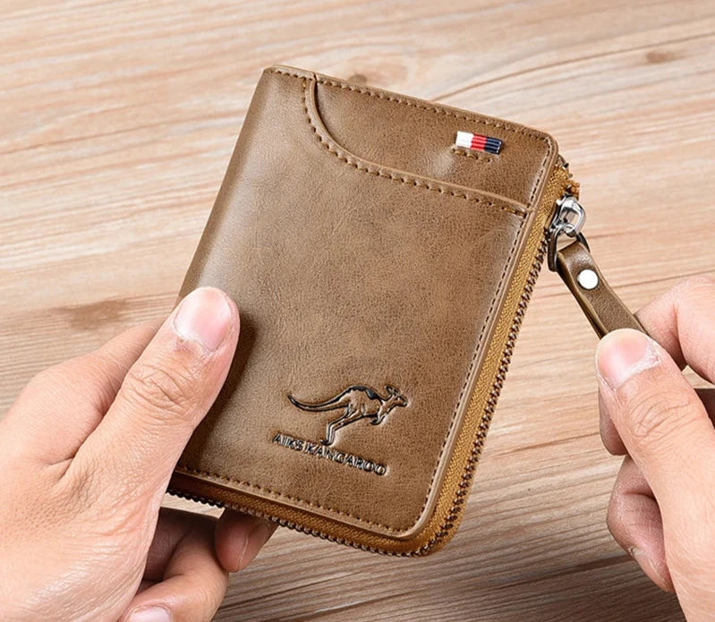"Herren-Leder Geldbörse mit RFID-Schutz, elegantes Design in Schwarz, kompakte Größe, sicherer Reißverschluss, echtes Leder"