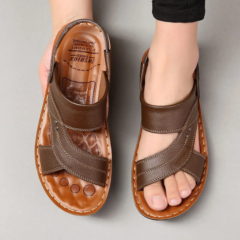 "Herren Leder Sandalen mit rutschfester Sohle, hochwertigem Leder, elegantem Design, ideal für Sommer und Strand."