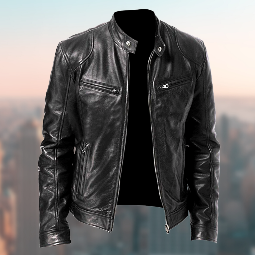 Herren Lederjacke aus hochwertigem Leder, elegant und zeitlos, Vorderansicht in klassischem Design, vielseitig kombinierbar.