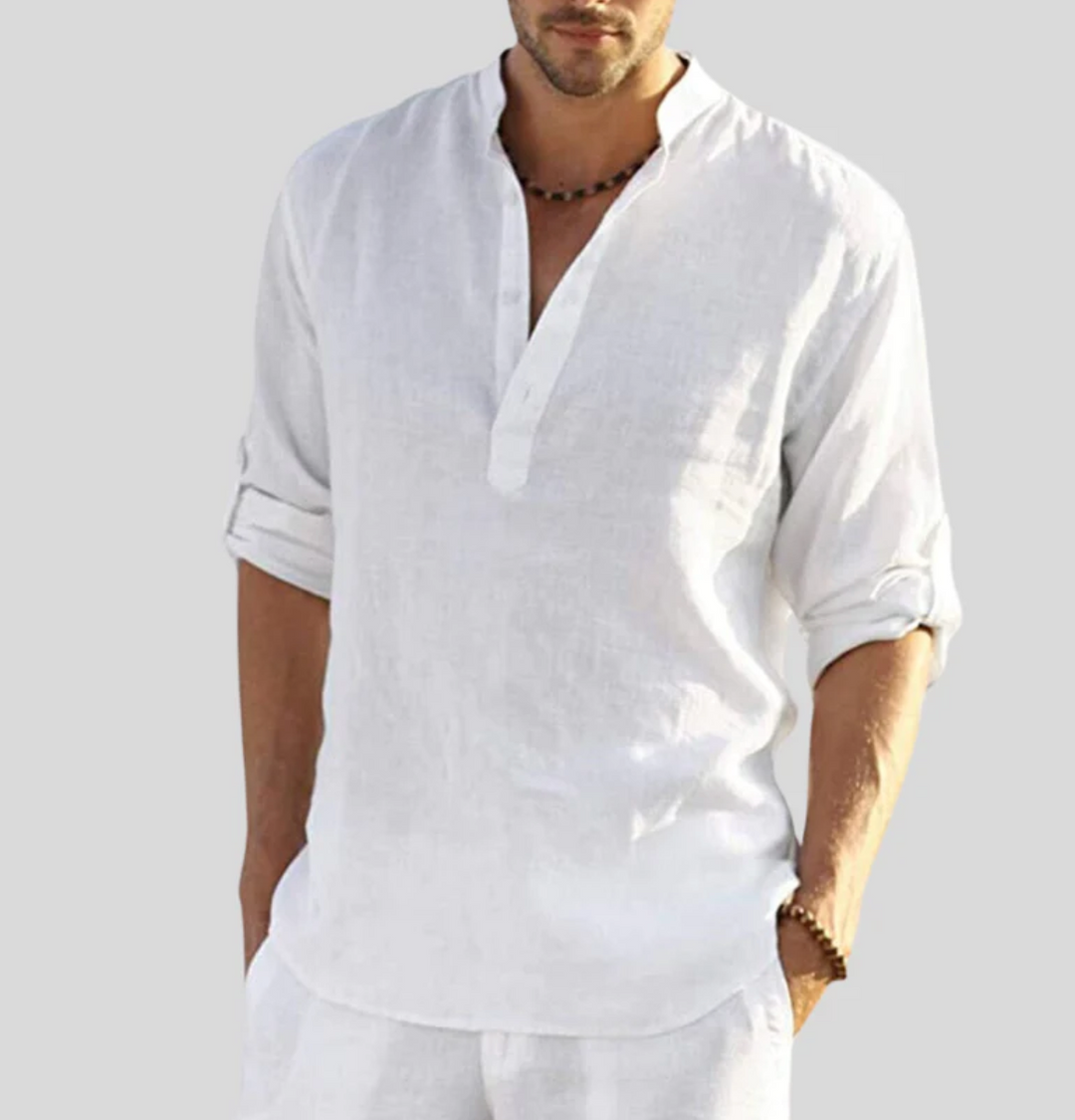 "Herren Leinenhemd in Beige, klassisches Design, eleganter Look mit Knopfleiste, atmungsaktives Material, vielseitig"